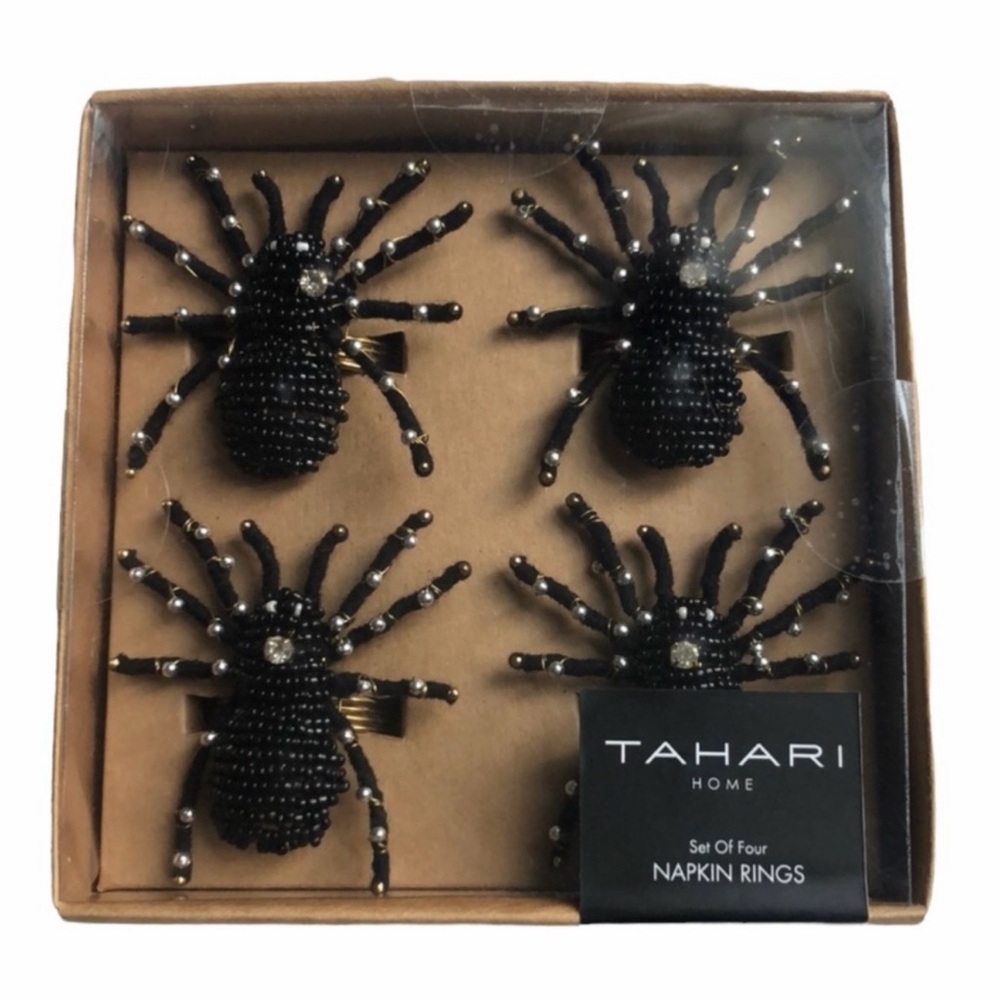 Tahari Black Beaded w/rhinestone Spider Halloween Napkin Rings set of 4 NWT